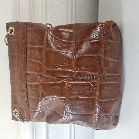 Kate Landry Brown Croc Crossbody Messenger Bag Gold Hardware - Picture 2 of 9